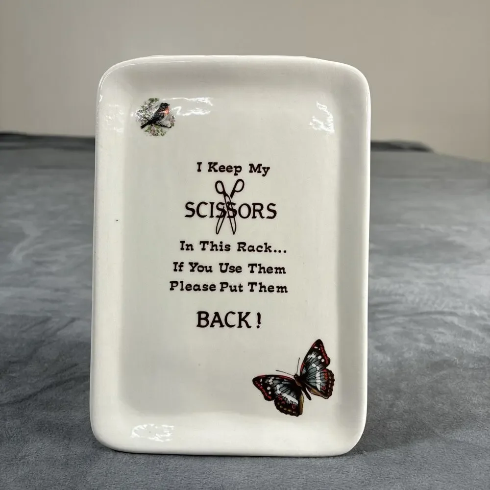 Vtg Ceramic Wall Pocket Scissors Holder Bird and Butterfly Design 6.5